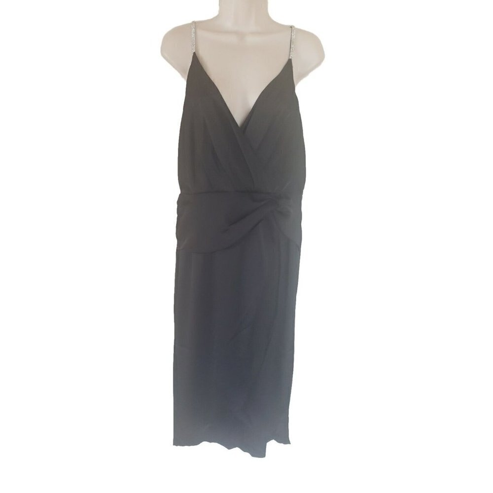NWT 1. STATE DRAPED & WRAPED FRONT  SPARKLING STRAP BLACK DRESS LARGE